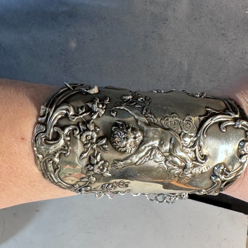 Antique Sterling Silver Cherub Gladiator Cuff Bracelet Victorian Art Nouveau - Picture 11 of 15